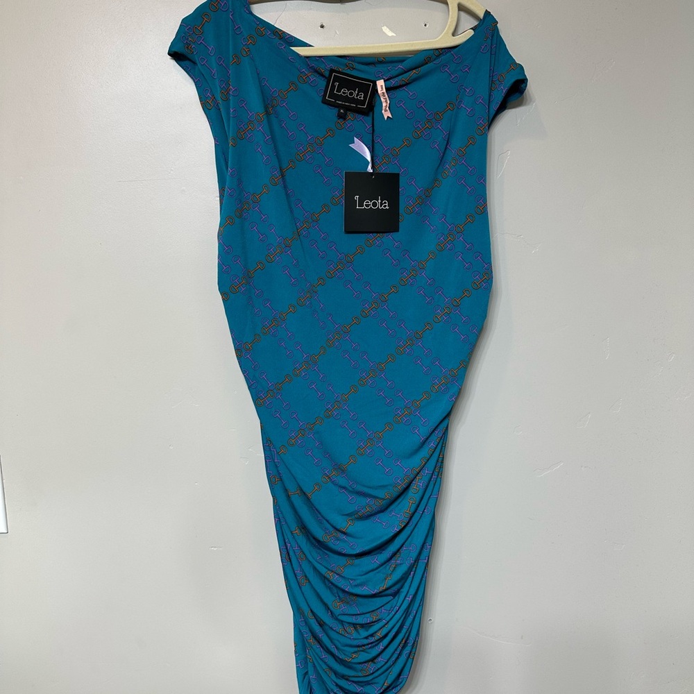 Leota Blue Ruched Cowl Neck Sheath Dress